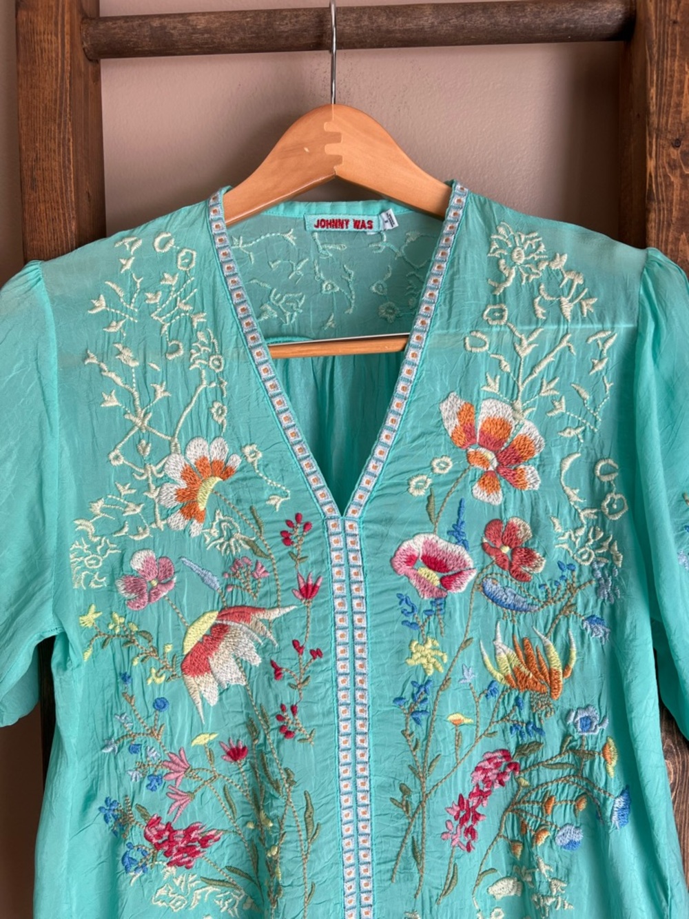 Johnny Was Turquoise Embroidered V-Neck Tunic - Picture 6 of 9
